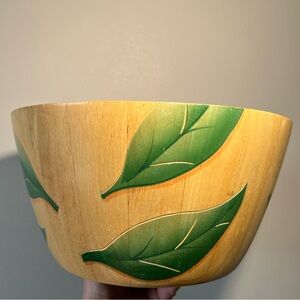 Clay‎ Art Hand Painted Wood Bowl with Green Leaf Design Tropical Vintage Large